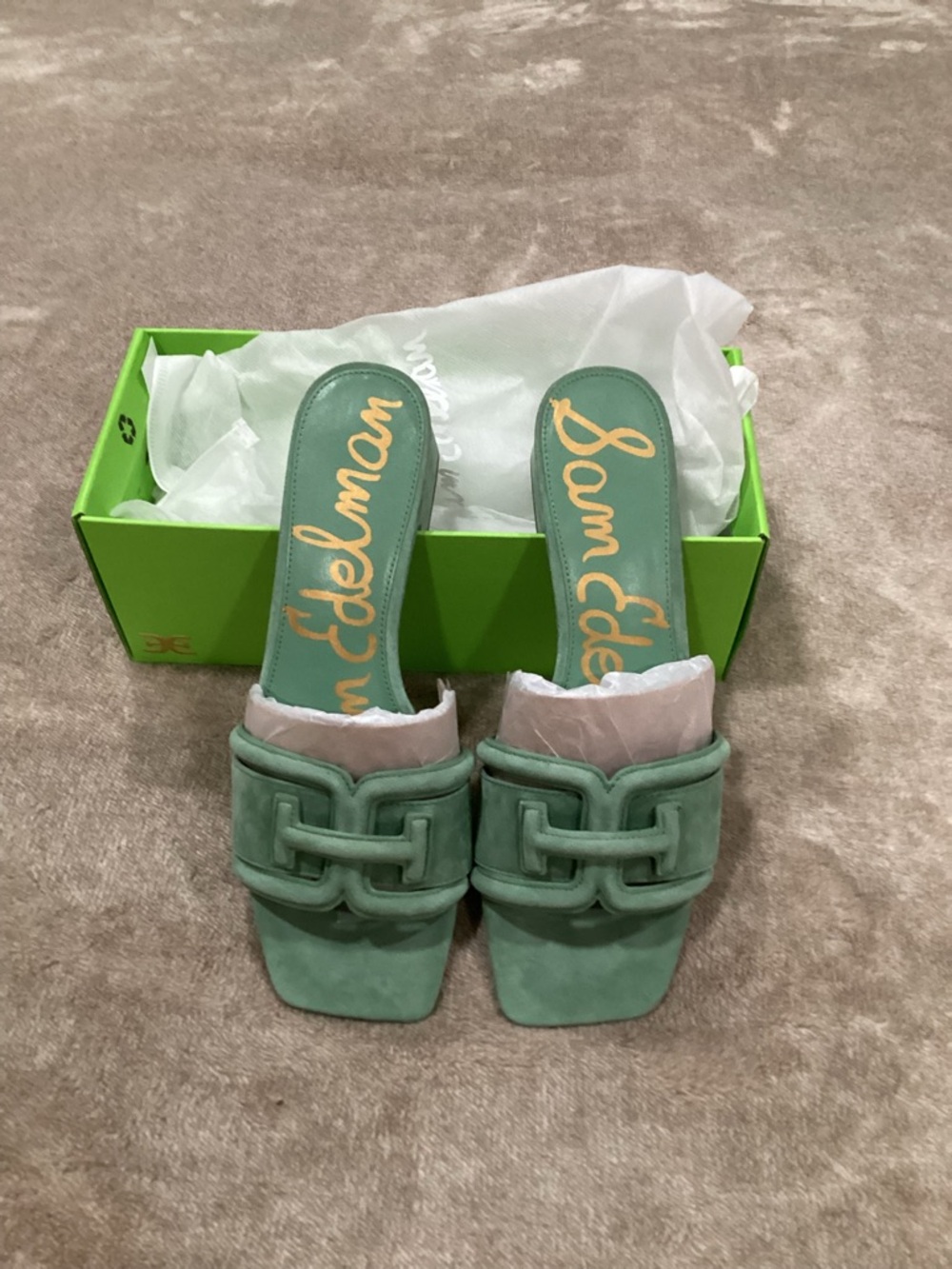 Sam Edelman Mint Green Suede Chain-Accent Slide Mules